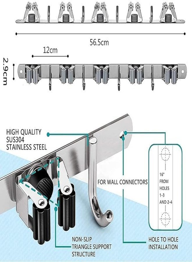 DAOME حامل مكنسة وممسحة جداري من الفولاذ المقاوم للصدأ من DAOME، منظم تخزين جداري شديد التحمل للأدوات، مزود بـ 5 أرفف و4 خطافات، مناسب للمطبخ والحمام والخزانة والجراج والمكتب والحديقة، أرفف معلقة. - Image 4